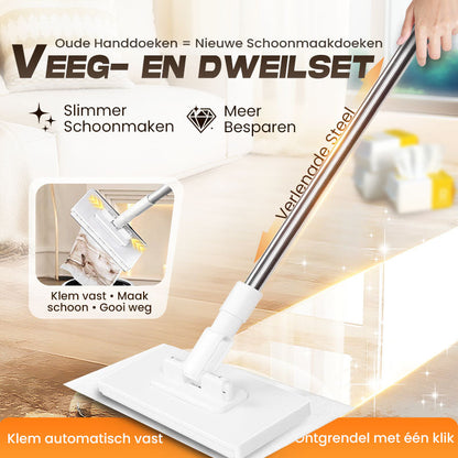 🔥55% KORTING🧹 Herbruikbare Stofmaap Set – Automatische Bionische Klem, 39" Verlengbare Staalsteel, 360° Draaiend + Milieuvriendelijk (Meerdere Oppervlaktes)!